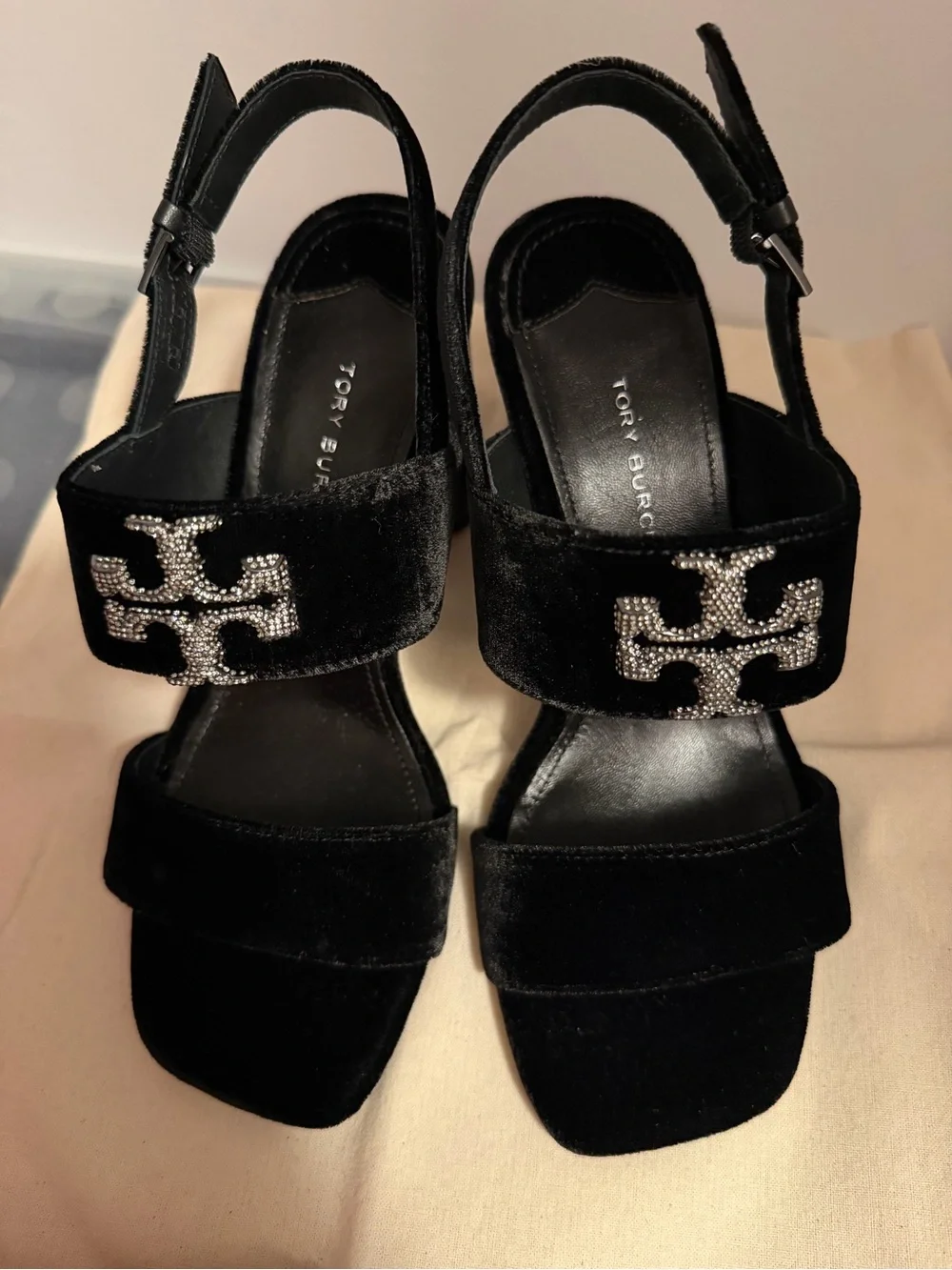 Tory Burch Black Velvet Sandals with Crystal Logo